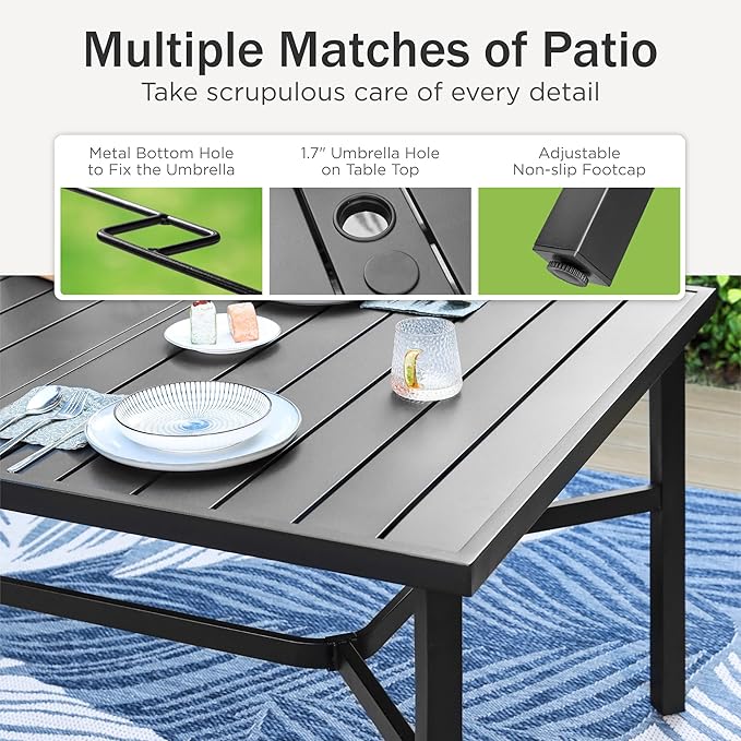 PHI VILLA 9 Pieces Outdoor Dining Set for 8, 83" Rectangular Metal Table with Umbrella Hole & Stackable Black Wrought Iron Chairs, Large Outside Furniture for Patio, Deck, Yard, Porch