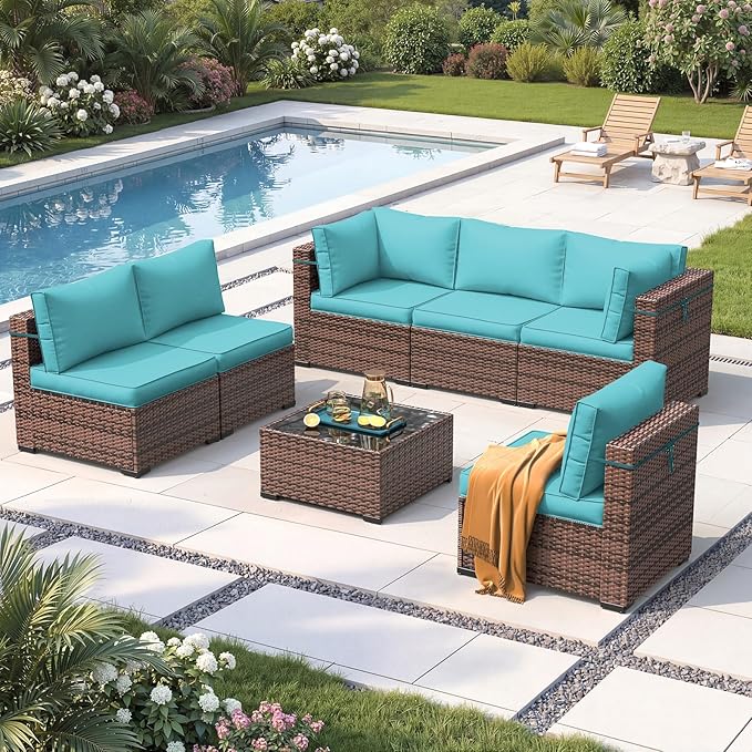 Amopatio Patio Furniture Sets with Waterproof Cover 7 Pieces Patio Conversation Set Outdoor Sectional Wicker Rattan Sofa,Patio Furniture with Pillows Fits Porch Garden Backyard Balcony(Sky-Blue)