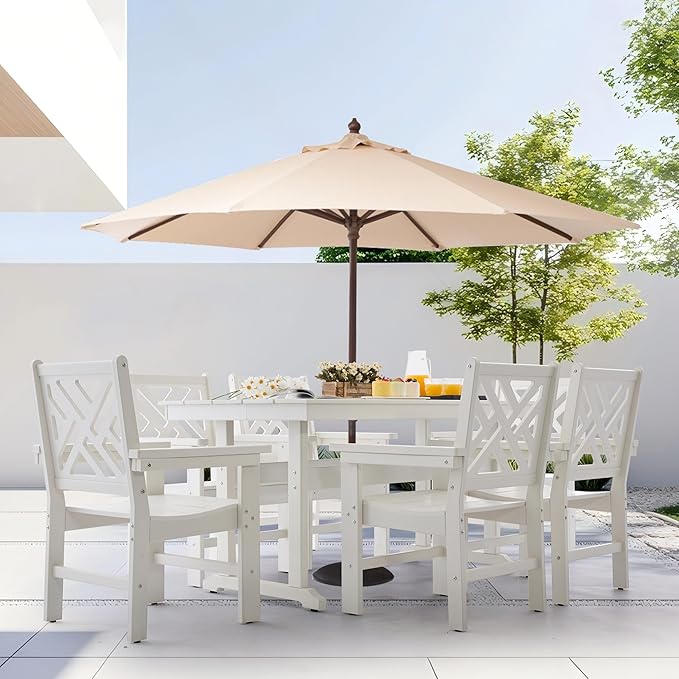 HDPE Dining Table Set for 6,7-Piece Outdoor Table and Chairs Include 6 Dining Chairs and 62.5" Patio Dining Table with Umbrella Hole (White)