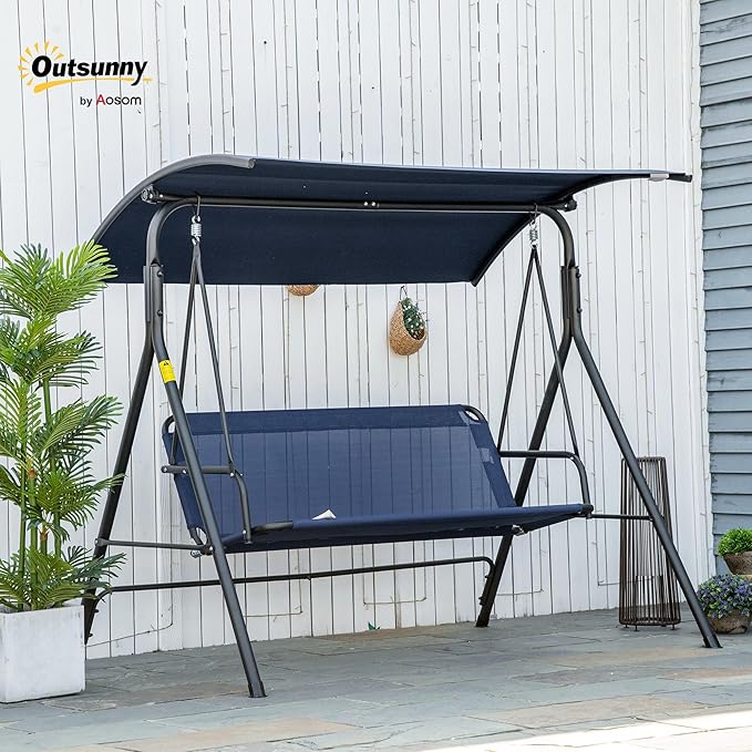 Outsunny 3-Person Porch Swing with Stand, Outdoor Swing for Patio Porch with Adjustable Tilt Canopy and Comfortable Swing Bench-Style Seat, Steel Frame, Dark Blue