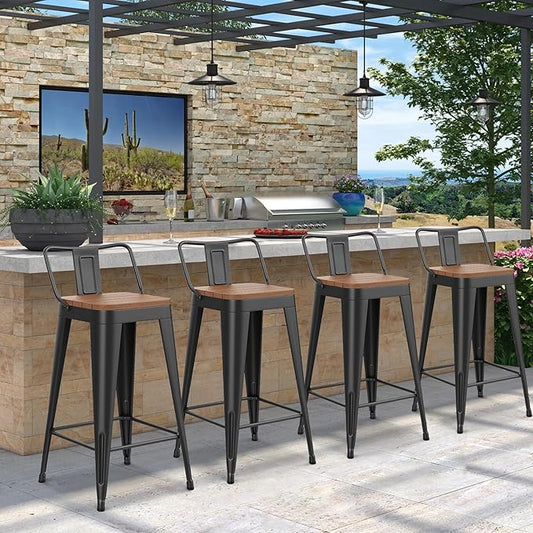 HAOBO Home 26" Outdoor Barstools Patio Stool Metal Bar Stools Set of 4 Counter Height Barstools with Wood Plastic Seat Industrial Bar Chairs Metal Kitchen Stools