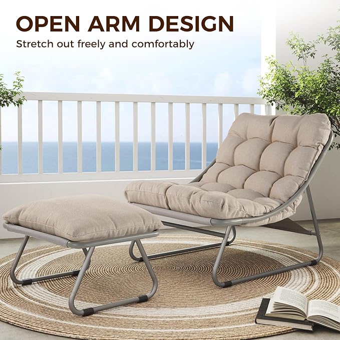 Grand patio Outdoor Lounge Chair with Foot Stool, Comfy Sling Recliner Chair with Puffy Cushion and Foot Rest, Modern Patio Furniture Set for Porch Deck Garden, Champagne Gray