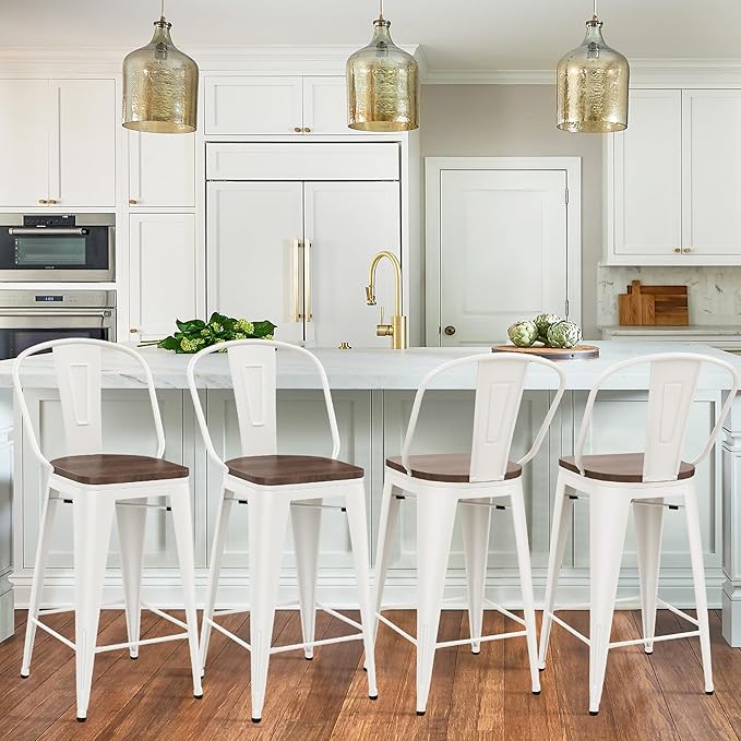 Yongqiang 24" Bar Stools Set of 4 Modern Farmhouse Counter Height Bar Chairs Kitchen Island Metal Barstools with Large Wooden Seat, High Back Cream White