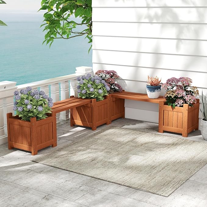 Giantex 2-in-1 Outdoor Bench with 2 Raised Garden Beds, Wood with Teak Oil Finish, Planter Boxes with Open-Ended Base, Garden Bench Seat for Porch Balcony Lawn Yard, DIY Assembly, 42"x11"x11.5"