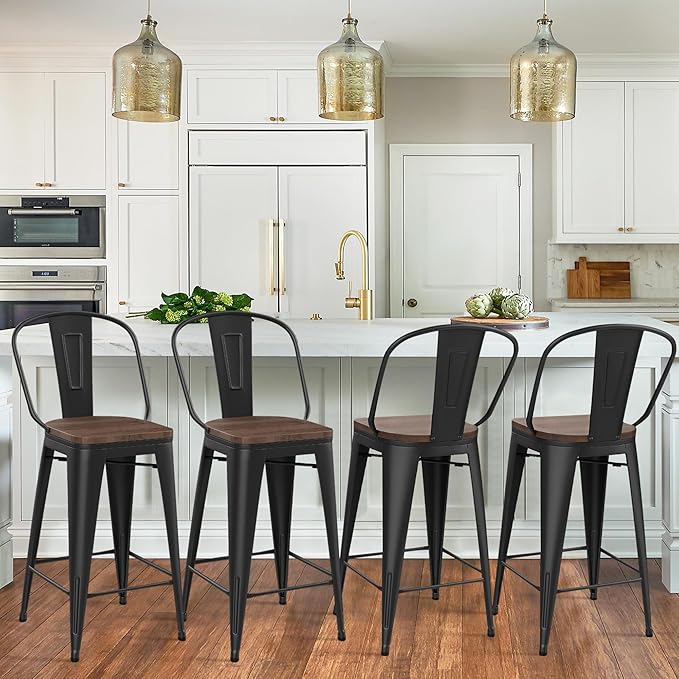 Yongqiang 26 inch Bar Stools Set of 4 Black Metal Counter Height Stools Modern Farmhouse Kitchen Island Barstools Bar Chairs with Large Wooden Seat, High Back