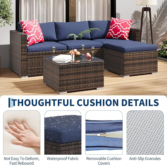 GAOMON 5-Piece All-Weather Patio Furniture Set, Convertible Outdoor Sectional Sofa with Ottoman & Tempered Glass Table, PE Rattan Conversation Set for Garden, Backyard, Porch, Poolside