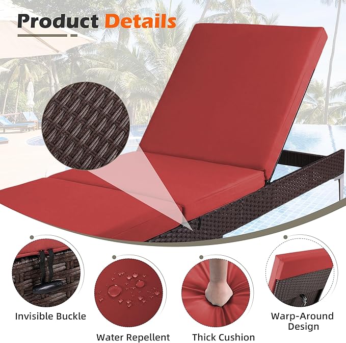 HOMREST Outdoor Chaise Lounge Chair, Patio Wicker Lounge Chair with Pneumatic Adjustable Backrest, Rattan Pool Sunbathing Chair Suitable for Outside with Removable Cushion (Burgundy)