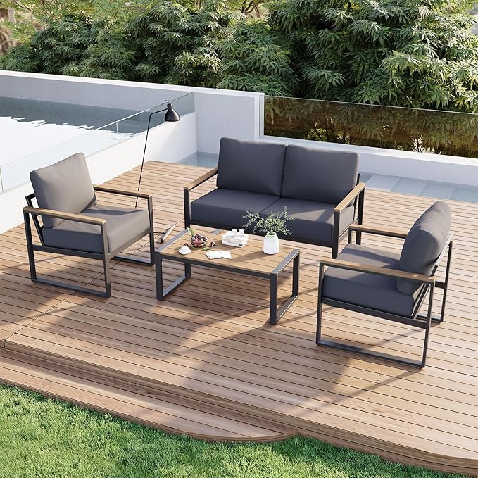 Aoxun Patio Furniture Set, 4 Piece Outdoor Patio Furniture with Thick Cushions, Modern Metal Outdoor Conversation Sets with Coffee Table for Porch, Balcony, Deck Dark Grey