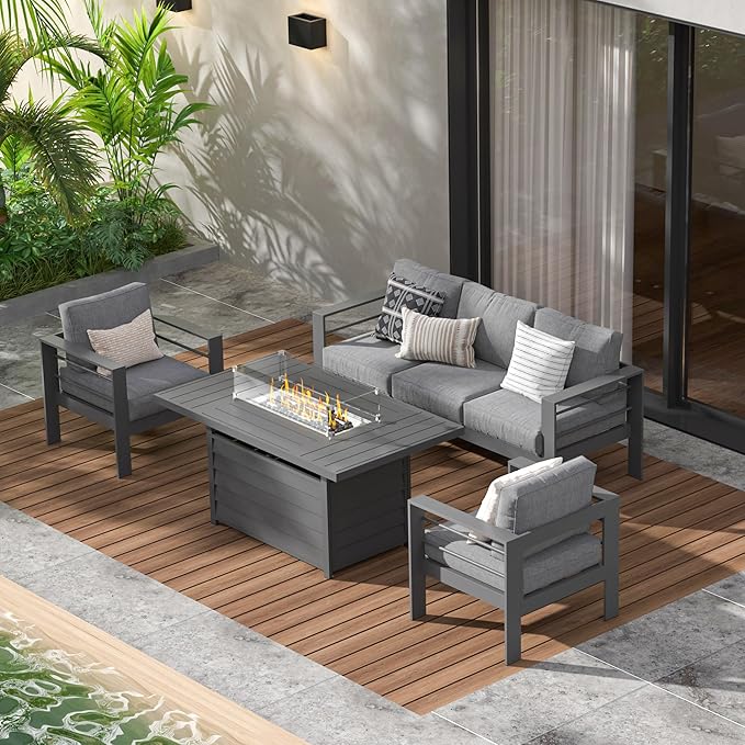 Wisteria Lane Aluminum Patio Furniture Set, 4 Pcs Metal Outdoor Furniture Set with CSA Certified 54in Propane Gas Fire Pit Table, Patio Conversation Set with 5in Olefin Cover Cushions, Dark Grey