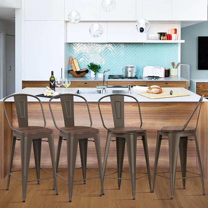 Alunaune 24" Swivel Metal Counter Height Bar Stools Set of 4 High Back Industrial Bar Chairs Kitchen Barstools with Large Wooden Seat-Rusty