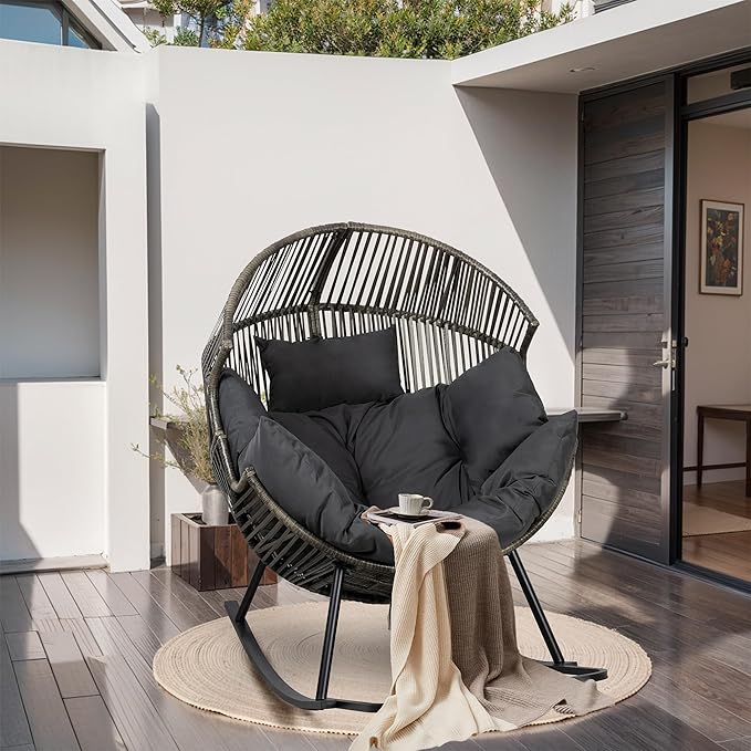 JAMFLY Egg Chair Rocking Chairs, Wicker Patio Chair Oversized Lounger Chair with Cushion for Indoor Living Room Bedroom Outdoor Patio Backyard Balcony Garden, Dark Gray