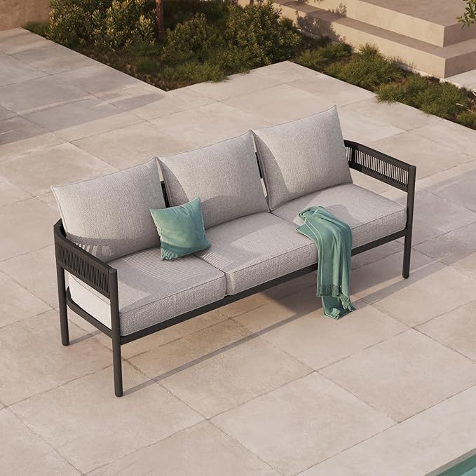 Gand Patio Outdoor 3-Seat Couch Sofa, Wicker Conversation Set with Thick Cushion for Porch, Garden, Yard, Beige