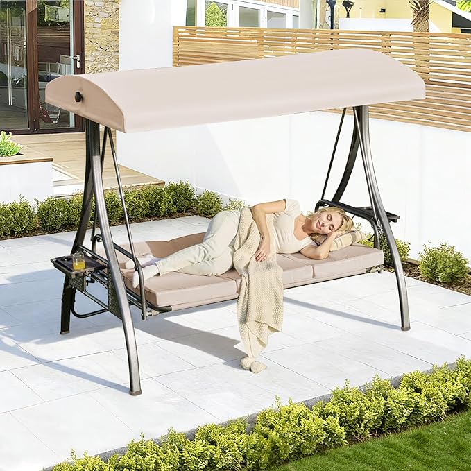 Upgrade 180° Convertible Outdoor Swing for Adults, Outdoor Porch Swing with Stand 800lb Bearing Capacity, 3-Seat Outdoor Swing with Canopy Adjustable, Thickened Cushions (Square, Khaki)