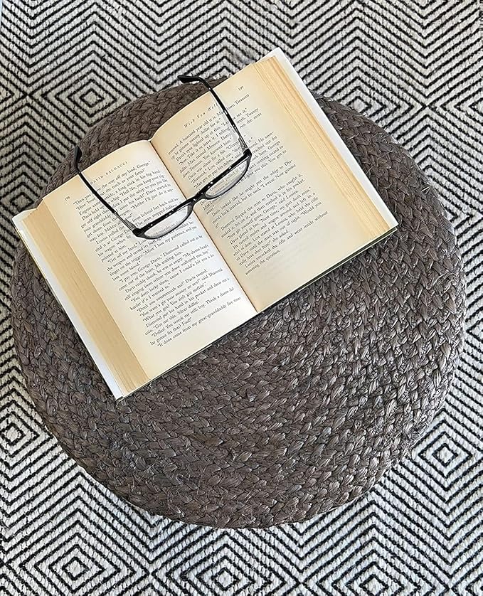 S & L Homes Pouf Ottoman - 100% Jute Braided Footrest Pouf Hand Knitted Traditional Cord Boho Pouffe for Living Room, Bedroom, Nursery, Patio, Lounge Colorblock - Natural Brown (20”x20”x10”)