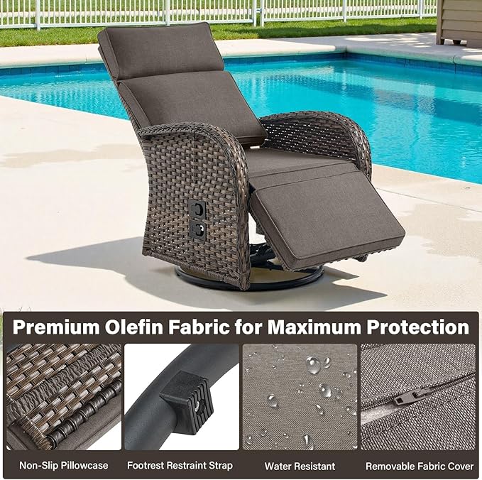 Belord Dual-Adjust Outdoor Swivel Recliner Chair – Wicker Reclining Patio Chair with Adjustable Backrest and Footrest, All-Weather Wicker Chaise Lounge Chair Outdoor for Pool Deck (2.0)