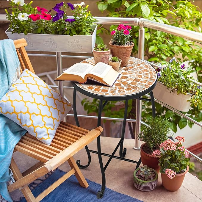 VINGLI Mosaic Outdoor Side Table, 14" Round End Table, Accent Table, Plant Stand Ideal for Pool Side, Porch, Patio, Deck or Sofa Side, Glass Top Black Iron, Golden Backyard