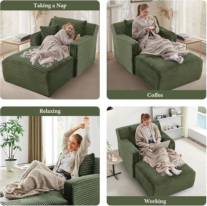 65.4" Chaise Lounge Chair Indoor, Oversized Boneless Couch Comfy Upholstered Sleeper Sofa Bed with 3 Pillows, Corduroy Cloud Reading Chair for Living Room No Assembly Required, Green