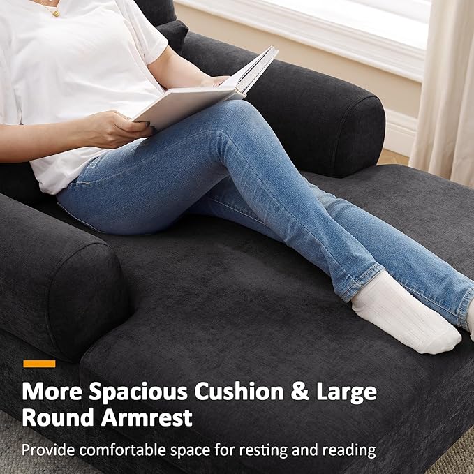 Modern Chaise Lounge Chair with Adjustable Backrest, Upholstered Indoor Leisure Sofa Recliner, Oversized Accent Chair Deep Seat Reading Armchair for Living Room, Bedroom, Office, Black