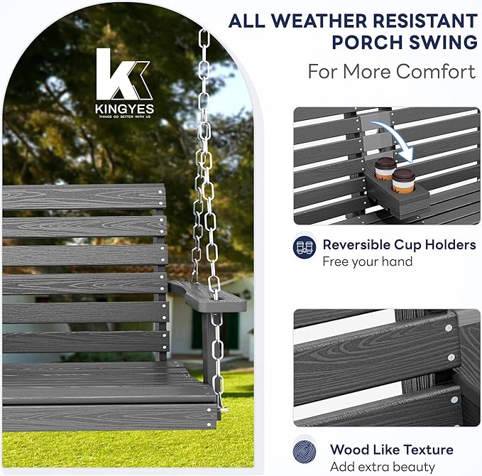 KINGYES Outdoor Hanging Patio Swing Chair Set of 4, 2 Seat Bench with Cup Holders, Waterproof for Courtyard & Garden, 660LBS Weight Capacity, Gray