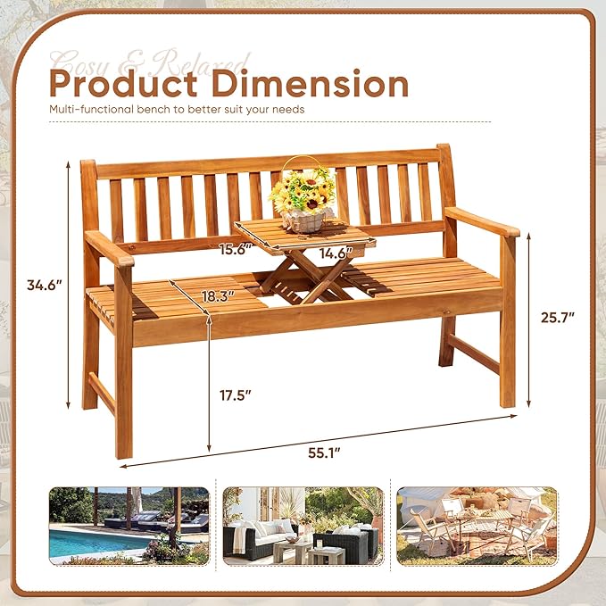 Devoko Outdoor Bench, 2-Person Garden Bench, Patio Wood Bench Outdoor Loveseat with Pull-Out Center Table for Backyard, Balcony and Patio and Garden (Log Color)