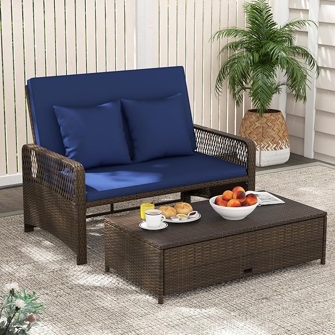 Moccha Outdoor Daybed, Rattan Loveseat Sofa with 4-Level Adjustable Back, Cushions, Storage Ottoman, Pillows, Wicker Sunbed, 2-Person Bed Lounger for Backyard Porch Pool Patio Furniture Set (Navy)