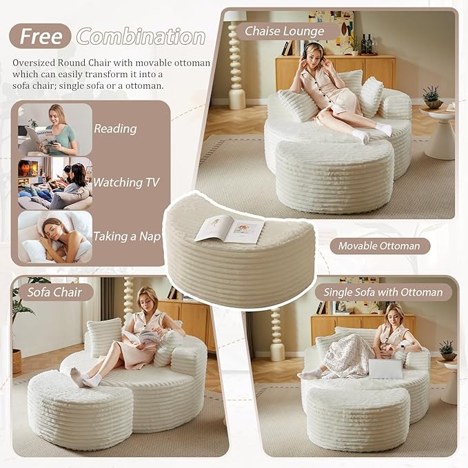 74.6" Oversized Round Chaise Lounge Chair with Ottoman Indoor, Fluffy Upholstered Corduroy Deep Seat Large Boneless Circle Couch Sofa Chairs for Living Room, Bedroom, No Assembly Required, White