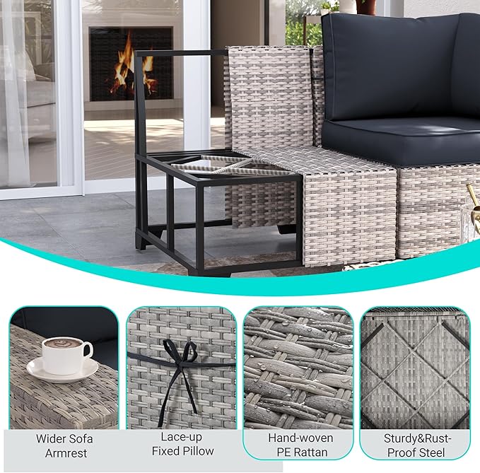 10-Piece Outdoor Patio Furniture Set with Rocking Swivel Chair, PE Wicker Rattan Sectional Sofa Patio Conversation Set with 55,000 BTU Fire Pit Table & Coffee Table, Dark Grey