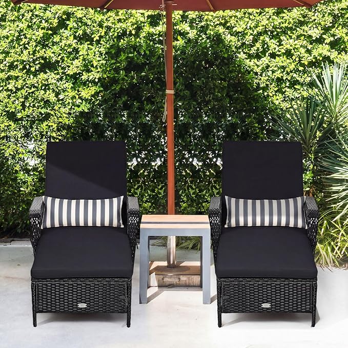 Tangkula Wicker Chaise Lounge Outdoor Set of 2, Patio Rattan Reclining Chaise with 6-Gear Adjustable Backrest, Thick Padded Cushion & Removable Lumbar Pillow, Pool Lounge Chairs (Black)