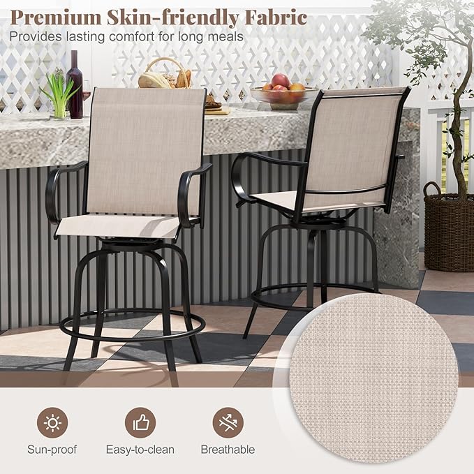 Giantex Set of 2 Swivel Outdoor Bar Stools, All-Weather Bar Height Patio Chairs, 330LBS Capacity, 360 Rotating Outside Bar Chairs with High Back Armrests, for Porch Yard Lawn Garden Pool (Grey)