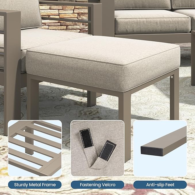 Wisteria Lane Patio Furniture Footstools Metal Ottomans Set of 2, Metal Outdoor Ottomans with Upgraded Cushions, All-Weather Outdoor Footrest Seat for Balcony, Garden, Deck, Backyard, Khaki