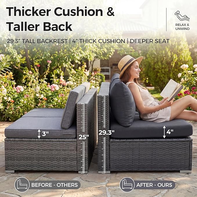 NICESOUL 11 Piece Patio Furniture Set with Fire Pit Natural Gas/Propane, 29.3'' High Back Outdoor Sectional with Lounger & Fire Pit, Large Deep Rattan Sofa Set for Garden Backyard, Gray