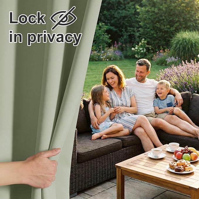 RYB HOME Outdoor Curtains for Patio Waterproof Block Sunlight Thermal Insulated Privacy Assured Thick Outside Curtains for Pergola, Deck, Gazebo, W52" x L108", Sage Green, 1 Panel