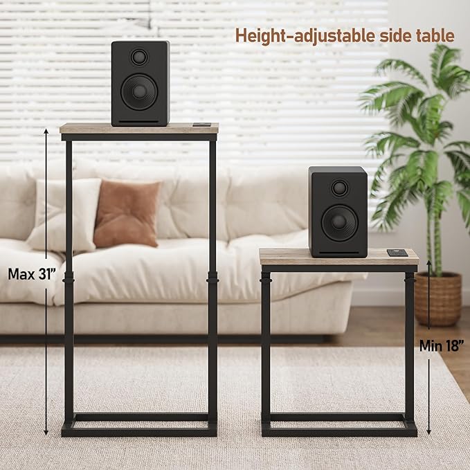 TUTOTAK End Table with Charging Station, Side Table, Tall Couch Table, Sofa Table, Living Room, Bedroom,Greige TB01BG084