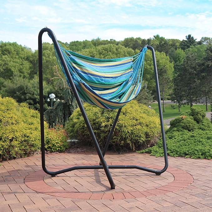 Sunnydaze Hanging Hammock Chair with Space-Saving Stand for Indoor or Outdoor Use - 330-Pound Capacity - Ocean Breeze