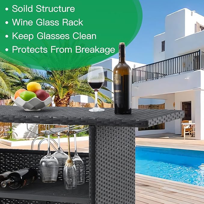 ECOTOUGE Black Wicker Bar Table, Outdoor Patio Console Table Serving Table, Mini Outdoor Bar Patio Counter with Steel Shelves & Hanging Wine Glasses, Ideal for Garden, Backyard
