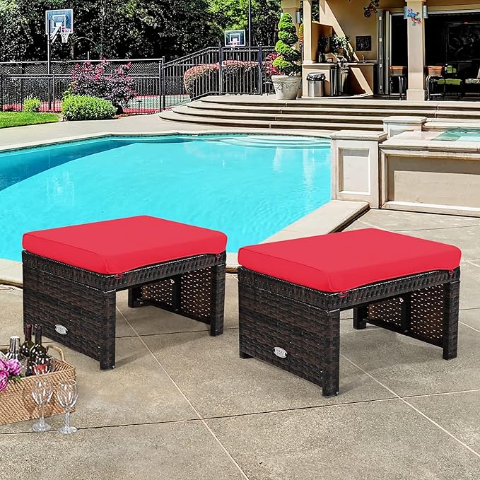 Tangkula 2 Pieces Patio Rattan Ottomans, All Weather Outdoor Footstool Footrest Seat with Soft Cushion, Hidden Zipper, High-Density Sponge, Wicker Ottoman Seat for Patio, Garden, Poolside (Red)