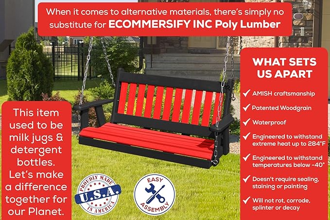 Mission Poly Lumber Wood 5FT Porch Swing Amish Craftsmandship Made in USA HDPE with No Wood fibers 1000 lbs Limit. Stainless Steel Hardware.Signature Design for Patio Outdoor Backyard Garden Park