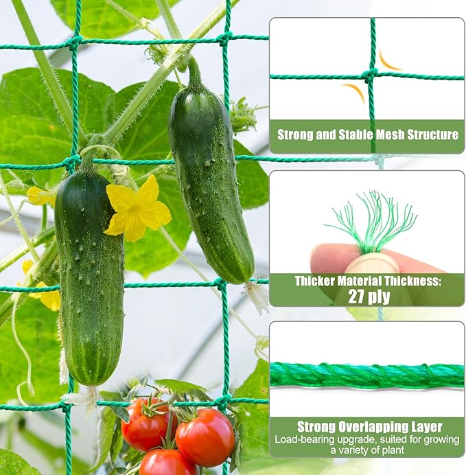 Trellis Netting, Heavy Duty Garden Trellis Netting for Climbing Plants Outdoor w/Plant Clips, 6.6x9.85 Ft Plant Netting for Cucumber, Tomato, 27 Strands & 4x4 in Mesh, Grow Net for Fruits, Vegetables