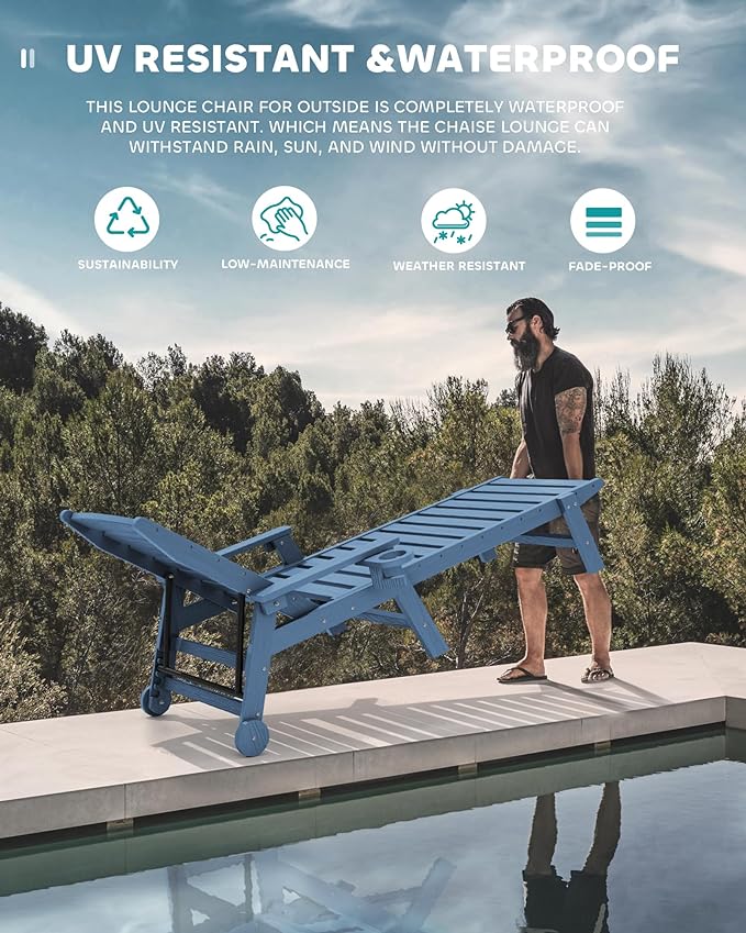SERWALL Patio Chaise Lounge Chair Set of 4, 5 Positions Adjustable Poly Outdoor Lounger for Pool, HDPE Lounge Chair with Rolling Wheels & Cup Holder for Poolside, Deck, Blue