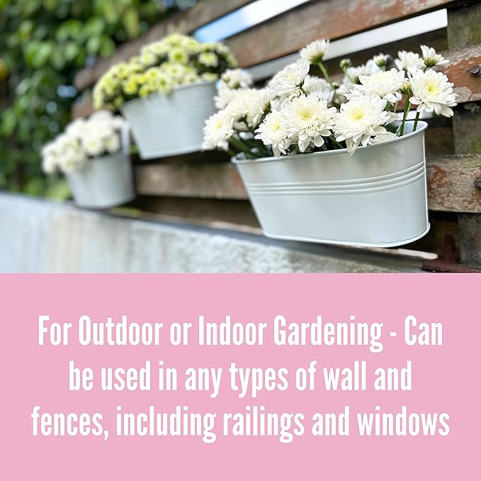 LaLaGreen Outdoor Rail Planter (4 Pack, 11.8 Inch) Metal Iron Hanging Flower Pots Deck Railings Fence Buckets Modern Countryside Boho Style White Wall Mount Window Box Plant Holder Hooks Porch Decor