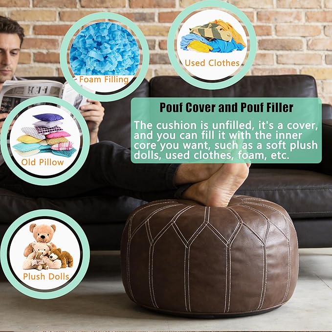 Thgonwid Unstuffed Moroccan Faux Leather Pouf Ottoman with Storage - Handmade Boho Chic Multi-Use Footrest for Living Room, Bedroom, Patio - Round Ethnic Floor Cushion & Decorative Accent, Deep Coffee