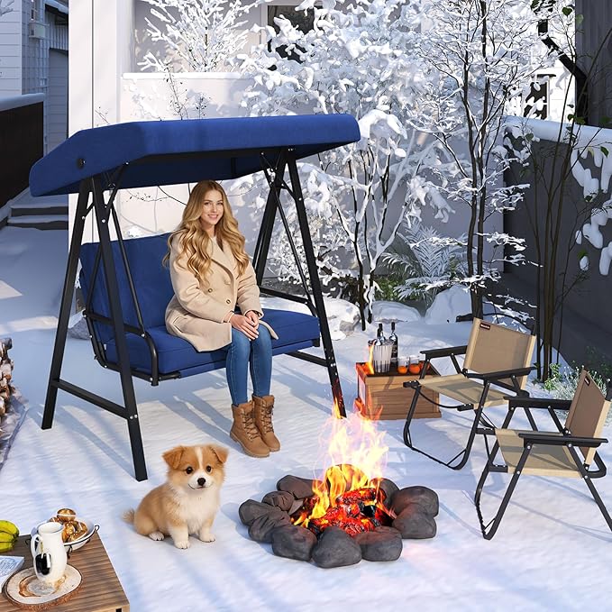 AECOJOY 2-Seat Outdoor Patio Swing Chair with Adjustable Canopy, Porch Swings Chairs for Adult, Outside Swing Bench with Removable Cushion, Suitable for Backyard, Garden, Yard, Poolside, Balcon, Blue