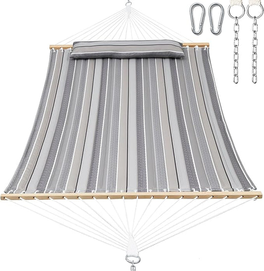 2 Person Hammocks for Outside, Double Quilted Fabric Outdoor Hammock with Spreader Bar, Large Removable Pillow, Storage Pockets, Carabiners, Max 475 lbs Capacity (Peace Dove Grey)