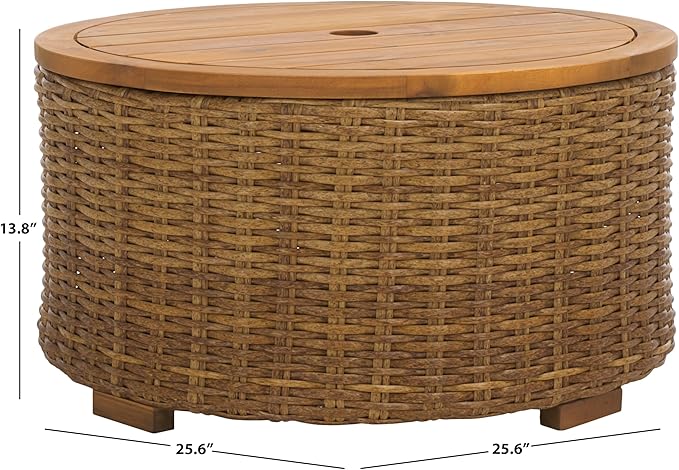 SAFAVIEH Couture Collection – Anguilla Faux Wicker Indoor/Outdoor Storage Coffee Table, Fully Assembled, Natural Brown Patio Accent Table with Removable Wood Top (CPT2103A)