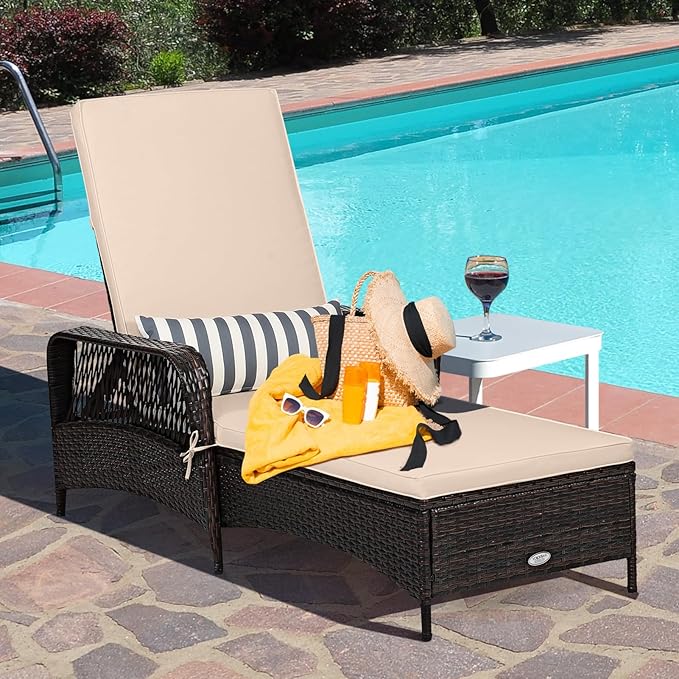 Tangkula Wicker Chaise Lounge Outdoor Set of 2, Patio Rattan Reclining Chaise with 6-Gear Adjustable Backrest, Thick Padded Cushion & Removable Lumbar Pillow, Pool Lounge Chairs for Outside Balcony