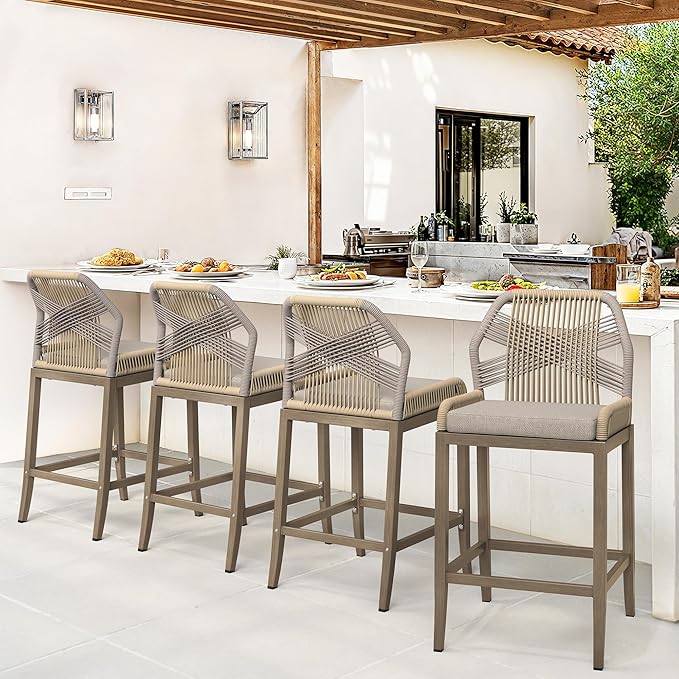 Outdoor Bar Stools, Rattan Outdoor Counter Height Bar Stools Set of 4, 26.5" H Woven Rope Patio Bar Chairs with Aluminum Legs for Kitchen, Yellowish Slate Gray