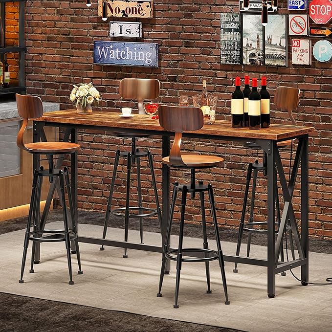 55'' Bar Table, Kitchen Dining Table with Power Outlet and Footrest, Industrial Style, for Pub, Living Room, Rustic Brown and Black TBT09UBF