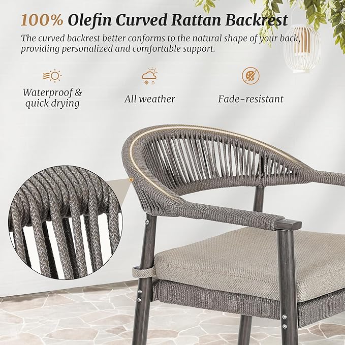 Bar Stools Set of 4, 24.8'' Aluminum Outdoor Bar Stool with Removable Cushion, Boho Rattan BarStools, Olefin Rope Woven Bar Chairs with Footrest for Patio, Garden, Pool, Kitchen, Gray