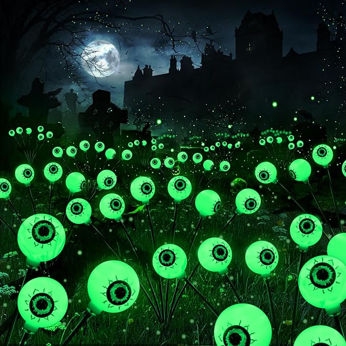 BrizLabs 8 Pack 48 LED Halloween Solar Lights, 2 Modes Outdoor Halloween Eyeball Pathway Lights, Solar Spooky Light Waterproof, Green Swaying Firefly Lighting for Path Yard Garden Lawn