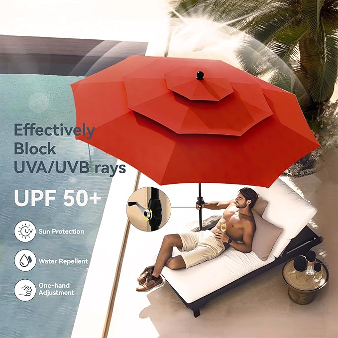 PHI VILLA Patio Dining Set with Umbrella for 4, Outdoor Table & Chairs Set with 4 Padded Swivel Patio Dining Chairs, 1 Metal Dining Table and 10ft Orange Red Large Patio Umbrella (No Umbrella Base)
